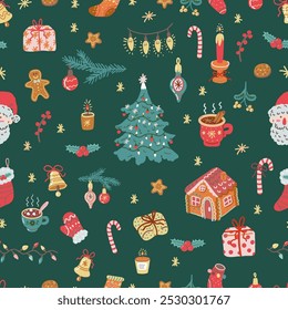 Christmas elements seamless pattern. Vintage Christmas decoration, fir tree, Santa, ginger bread and ugly sweater on green background. Cozy winter wallpaper. 