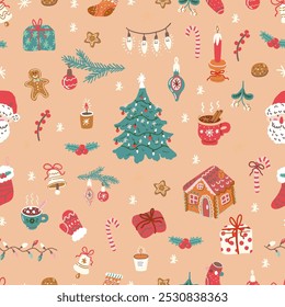 Christmas elements seamless pattern. Vintage Christmas decoration, fir tree, Santa, ginger bread and ugly sweater on  orange background. Cozy winter wallpaper. 