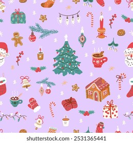 Christmas elements seamless pattern. Vintage Christmas decoration, fir tree, Santa, ginger bread and ugly sweater on lilac background. Cozy winter wallpaper. 