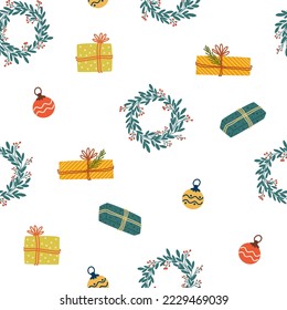Christmas elements seamless pattern. Winter Background, kids wallpaper for fabric, textile, clothes, paper, fabric, scrapbooking, planner. New Years traditional holidays symbol. Vector illustration