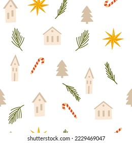 Christmas elements seamless pattern. Winter Background, kids wallpaper for fabric, textile, clothes, paper, fabric, scrapbooking, planner. New Years traditional holidays symbol. Vector illustration