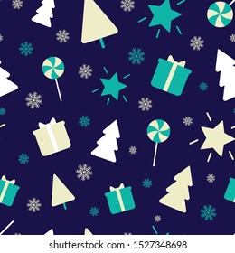 Christmas elements seamless repeat pattern for wrapping paper.Tree, star, present,candy,snowflakes on a navy background.