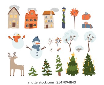 Christmas elements seasonal decoration set for winter holidays greeting cards and invitations. House, street lantern, gift boxes, snowman, snow-covered trees, rowan berries, xmas fir tree, reindeer