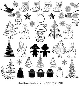 Christmas elements, set of black cartoon silhouettes on white background for holiday design. Vector