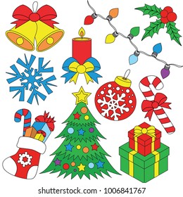 Christmas elements set, collection of coloring book template, the group of outline digital elements vector illustration, kid educational game page.