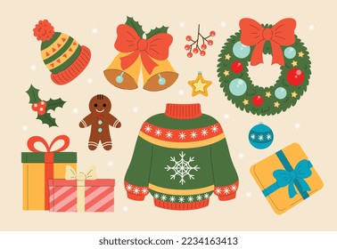 Christmas elements set. Collection of stickers for social networks. Sweater, hat, bell and gingerbread man. Gift boxes and wreath. Cartoon flat vector illustrations isolated on beige background