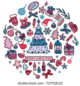 Christmas elements set in color. Vector isolated doodles illustration . Hand drawn Xmas greeting card. 