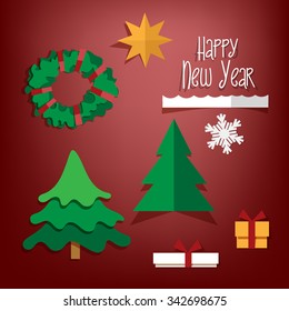 Christmas elements set, colorful paper cut. Red background.