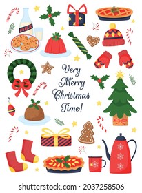 Christmas elements set. Colorful vector holiday items. Christmas illustration. New Year decoration clipart. Design for prints and cards.