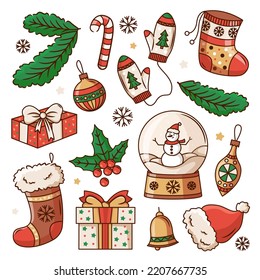 Christmas elements set. Colorful vector holiday items. Christmas illustration. New Year decoration clipart. Design for prints and cards.