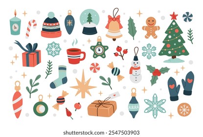 Christmas elements set. Cute Christmas winter decoration collection. Vector illustration with fir, gifts, cookies. Cute Christmas winter decoration collection. Flat design, cartoon style.