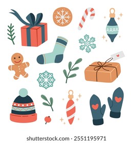 Christmas elements set. Cute Christmas winter decoration collection. Vector illustration with fir, gifts, cookies. Cute Christmas winter decoration collection. Flat design, cartoon style.