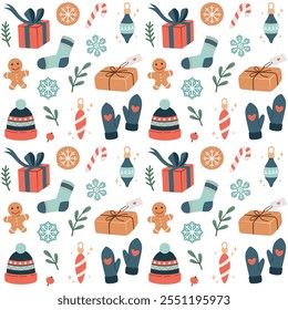 Christmas elements set. Cute Christmas winter decoration collection. Vector illustration with fir, gifts, cookies. Cute Christmas winter decoration collection. Flat design, cartoon style.