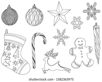 Christmas elements set in doodle style - tree decorations, stocking, candy cane, deer, gingerbread man, snowflakes. Vector illustration isolated on white background.