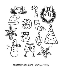 Christmas elements set in doodle style isolated vector illustration. Winter romantic items for greeting designs. New year sketches and doodles.