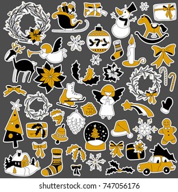 Christmas elements set with gift box, xmas tree, deer, snowman, gingerbread cookie, candle, bell, poinsettia, sleigh, wreath and other. Elements can be used for advent calendar. Black, white and gold