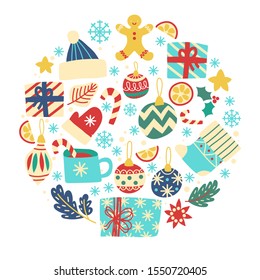 Christmas elements set with Gingerbread man, branch, snowflake, sock, mistletoe, tree toy, candy cane on white background. Round shaped holiday invitation for winter. Vector illustration