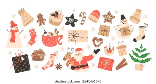 Christmas elements set with holiday characters, treats, and decorations
