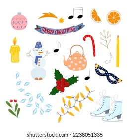 Weihnachtselemente setzen Heiligenpflanze, Rochen, Schneemann, Kerze, Orange, Stern, Garland, Dekoration handgezeichnet in einfachen Cartoon-Stil für Winterferien Grußkarte, Einladung, Banner, Dekoration, Aufkleber