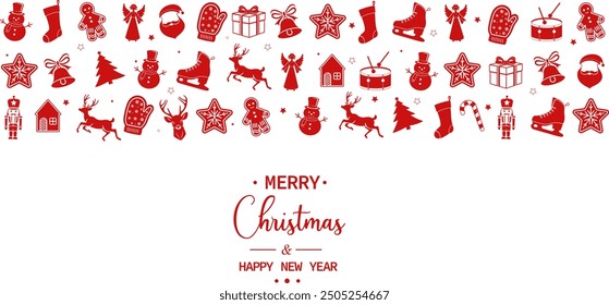 Christmas elements set icons design. Christmas collection of bells, santa, deer, angel, nutcracker, cookies, showman, snowstar, drums, mitten, candy, sock, tree