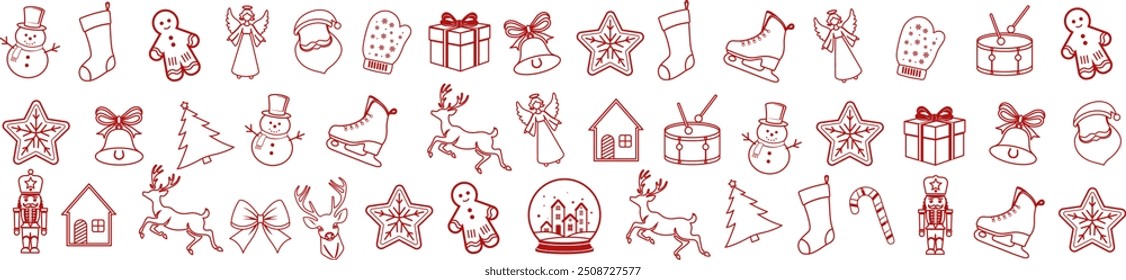 Christmas elements set icons design. Christmas collection of bells, santa, deer, angel, nutcracker, cookies, showman, snowstar, drums, mitten, candy, sock, tree, snowglobe, star, house, skiers, gift