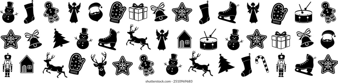 Christmas elements set icons design. Christmas collection of bells, santa, deer, angel, nutcracker, cookies, showman, snowstar, drums, mitten, candy, sock, tree