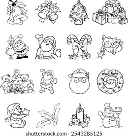 Christmas elements set icons design. Christmas collection of bells, santa, deer, angel, nutcracker, cookies, showman, snowstar, drums, mitten, candy, sock, tree