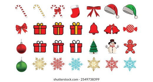 Christmas elements set icons design. Christmas collection of bells, nutcracker, cookies, showman, drums, mitten, candy, sock, tree