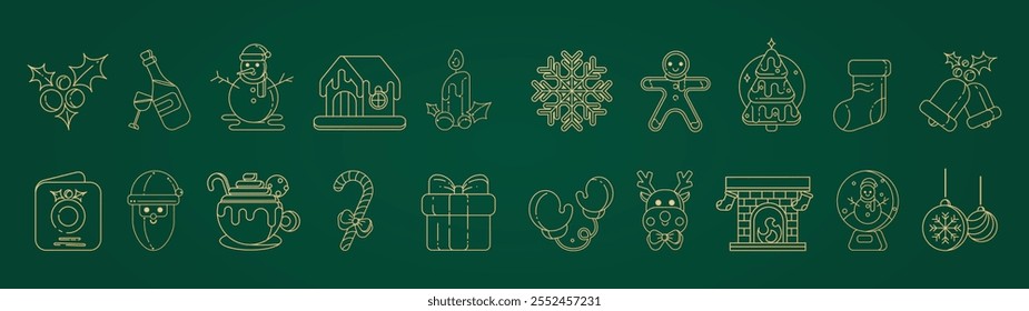 Christmas Elements Set Icons Design, A collection of Christmas-themed icons including bells, Santa, reindeer, angel, nutcracker, cookies, snowman, snowflake, drums, mittens, candy, stockings