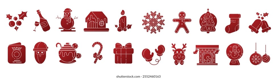 Christmas Elements Set Icons Design, A collection of Christmas-themed icons including bells, Santa, reindeer, angel, nutcracker, cookies, snowman, snowflake, drums, mittens, candy, stockings