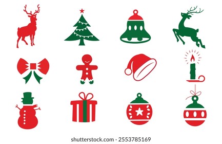 Christmas elements set icons design. Christmas collection of bells, santa, deer, angel, nutcracker, cookies, showman, snowstar, drums, mitten, candy,