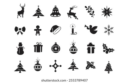 Christmas elements set icons design. Christmas collection of bells, Santa, deer, angel, nutcracker, cookies, showman, snowstorm, drums, mitten, candy,