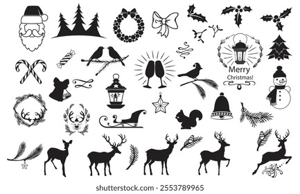 Christmas elements set icons design. Christmas collection of bells, Santa, deer, angel, nutcracker, cookies, showman, snowstorm, drums, mitten, candy,