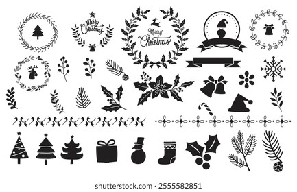 Christmas elements set icons design. Christmas collection of bells, Santa, deer, angel, nutcracker, cookies, showman, snowstorm, drums, mitten, candy, sock, tree