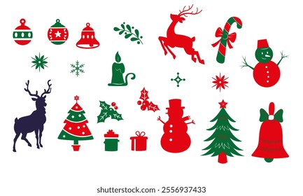 Christmas elements set icons design. Christmas collection of bells, Santa, deer, angel, nutcracker, cookies, showman, snowstorm, drums, mitten, candy