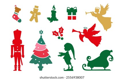 Christmas elements set icons design. Christmas collection of bells, Santa, deer, angel, nutcracker, cookies, showman, snowstorm, drums, mitten, candy,