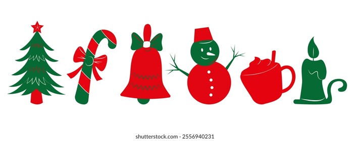 Christmas elements set icons design. Christmas collection of bells, Santa, deer, angel, nutcracker, cookies, showman, snowstorm, drums, mitten, candy,