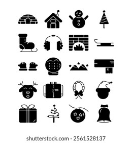 Christmas elements set icons design solid icon. Christmas collection of bells, santa, deer, angel, nutcracker, cookies, showman,tree, snowglobe, star, house, skiers, gift