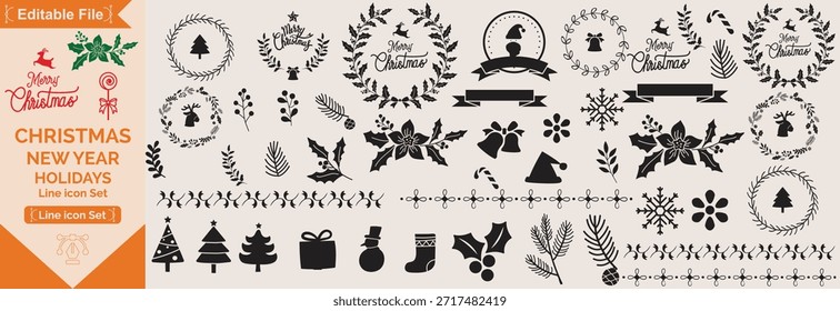 Christmas elements set icons design. Christmas collection of bells, Santa, deer, angel, nutcracker, cookies, showman, snowstorm, drums, mitten, candy big icon set.