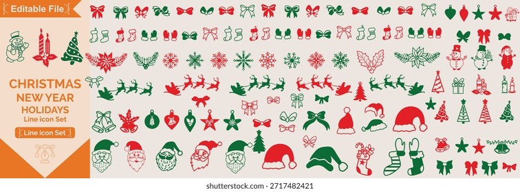 Christmas elements set icons design. Christmas collection of bells, Santa, deer, angel, nutcracker, cookies, showman, snowstorm, drums, mitten, candy big icon set.