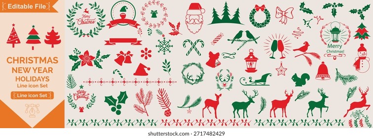 Christmas elements set icons design. Christmas collection of bells, Santa, deer, angel, nutcracker, cookies, showman, snowstorm, drums, mitten, candy big icon set.