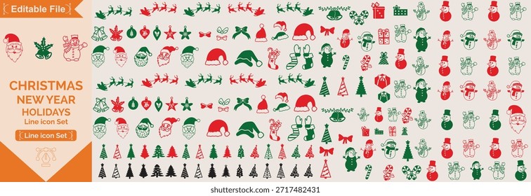 Christmas elements set icons design. Christmas collection of bells, Santa, deer, angel, nutcracker, cookies, showman, snowstorm, drums, mitten, candy big icon set.