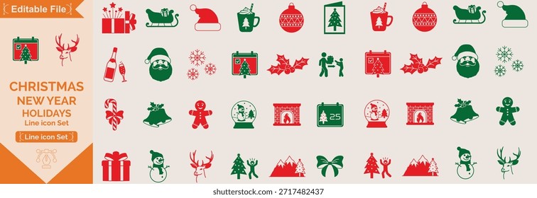 Christmas elements set icons design. Christmas collection of bells, Santa, deer, angel, nutcracker, cookies, showman, snowstorm, drums, mitten, candy big icon set.