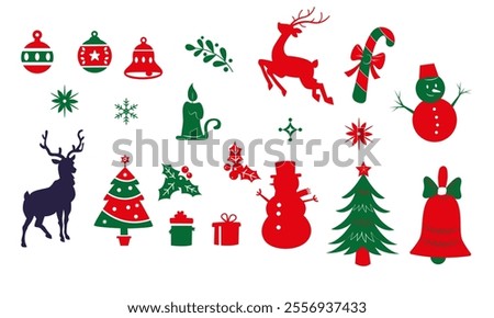 Christmas elements set icons design. Christmas collection of bells, Santa, deer, angel, nutcracker, cookies, showman, snowstorm, drums, mitten, candy