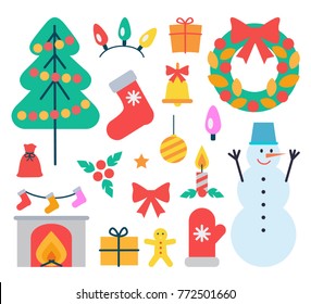 Christmas elements set of icons of evergreen tree with garland, snowman and gingerbread man, fireplace and socks, presents vector illustration