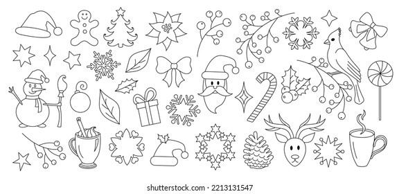 Elementos de Navidad establecidos en un estilo de arte de línea. Colección de iconos gráficos de invierno. Doodle de vacaciones. Diseño lineal del contorno del festival de Navidad creativo. Aislado en blanco. 