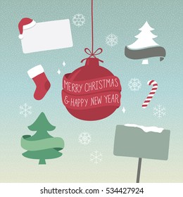 Christmas elements set. Christmas ornaments, objects, banners. Vector illustration