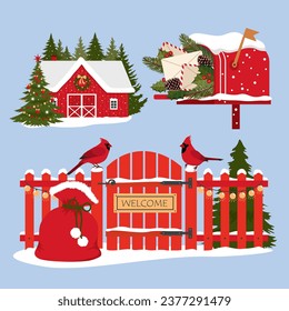 Christmas elements set. A red barn with a Christmas tree. A rural fence with crested birds. Vintage mailbox with letters. Illustrated vector clipart.