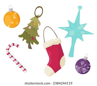 Christmas elements set. Red sock at pedant near Christmas tree and lollipop. Violet and yellow balls. Winter holiday symbols. Cartoon flat vector collection isolated on white background