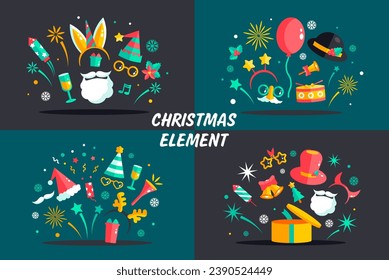 Christmas elements set Santa character, Christmas and New Year decor, balls, snowflakes, minimalist shapes. Vector illustration